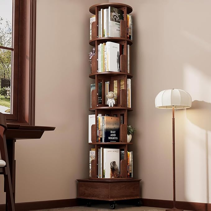 Solid Wood Rotating Bookshelf Tower on Wheels, 5-Tier Spinning Bookcase - Image 5