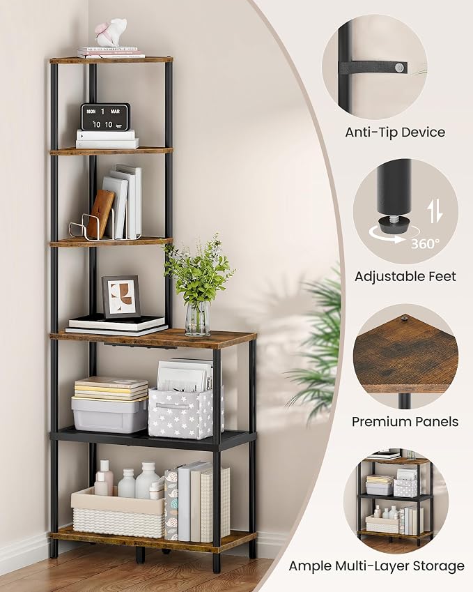 6-Tier Corner Shelf, Industrial Corner Bookshelf - Image 5