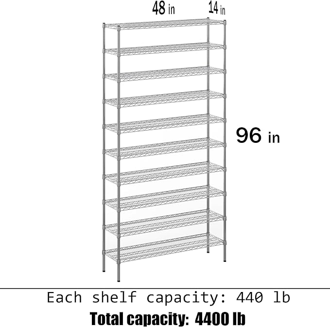 14" Deep x 48" Wide x 96" Height Wire Shelving Kit | 10-Tier | NSF Commercial - Image 3