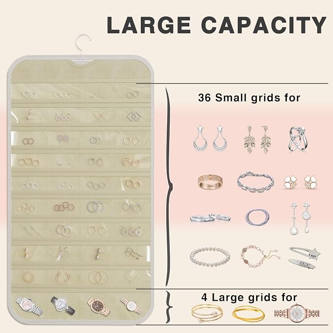Hanging Jewelry Organizer Storage, 40 Pockets 36 Hooks Necklace Earring - Image 6