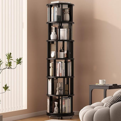 Solid Wood Rotating Bookshelf on Wheels, 6 Tier, Round Revolving Bookcase by Muwuele