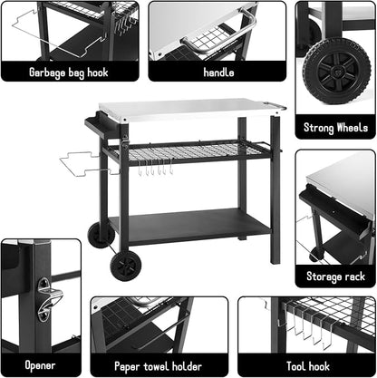 Grill Cart Table with Three Shelf, Movable Outdoor Dining Cart Pizza Oven Stand - Image 6