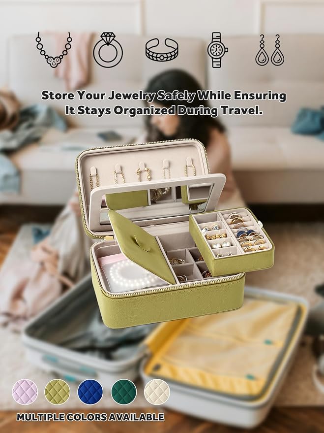 Velvet Travel Jewelry Box with Large Mirror, Double-Layer Jewelry Organizer Case - Image 8