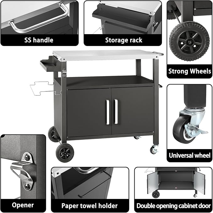 Grill Cart Table with Big Storage Cabinet, Movable Outdoor Dining Cart Pizza - Image 3