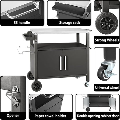 Grill Cart Table with Big Storage Cabinet, Movable Outdoor Dining Cart Pizza - Image 3