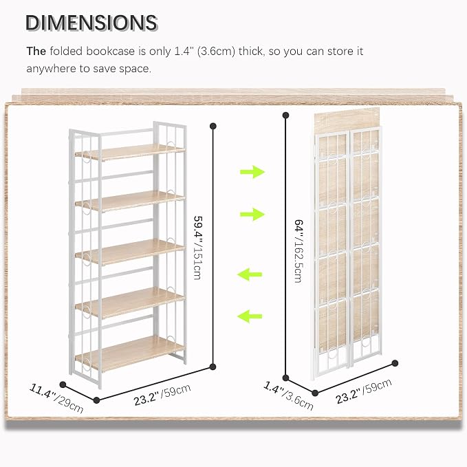 4NM No Assembly 5 Tiers Folding Bookshelf, 59.4" H Foldable Storage Shelves - Image 2
