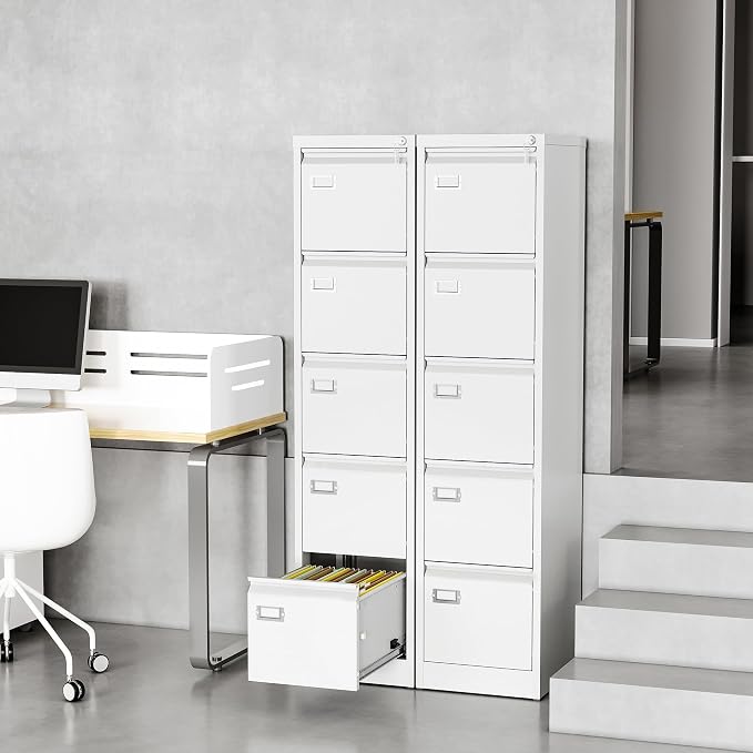 File Cabinets - 5 Drawers Vertical 17.8" Deep Lockable Filing Cabinet - White - Image 4