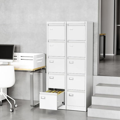 File Cabinets - 5 Drawers Vertical 17.8" Deep Lockable Filing Cabinet - White - Image 4