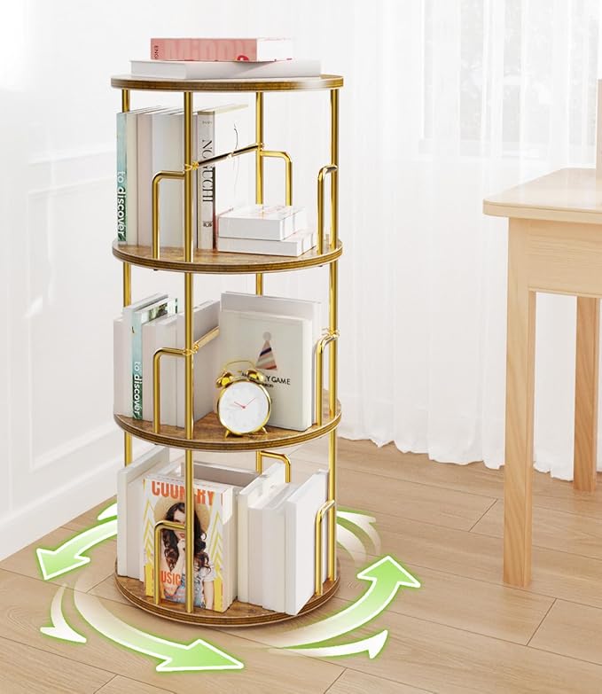 3 Tier Rotating Bookshelf Tower Round Gold, 37” Floor Standing Spinning by Amzeth