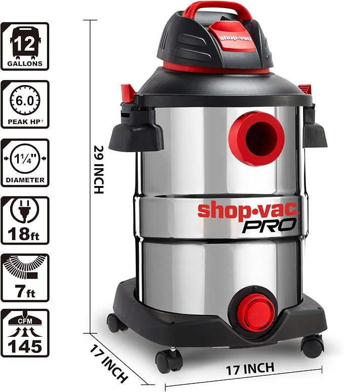 Shop-Vac 12 Gallon 6.0 Peak HP Wet/Dry Vacuum, Stainless Steel Tank, 3 in 1 - Image 5