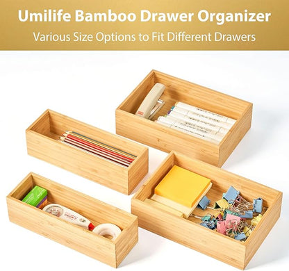 Umilife Bamboo Kitchen Drawer Organizer, Extra High Silverware Tray, Flatware - Image 4