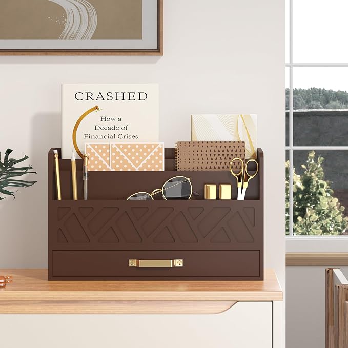 Bamboo Mail Organizer Countertop Wood Desk Organizer Drawer Tabletop Storage by WISUCART