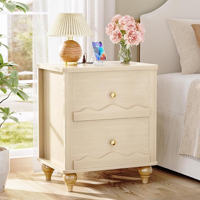 Cyclysio Nightstand with Charging Station, Side End Table with 2 Drawers by Cyclysio