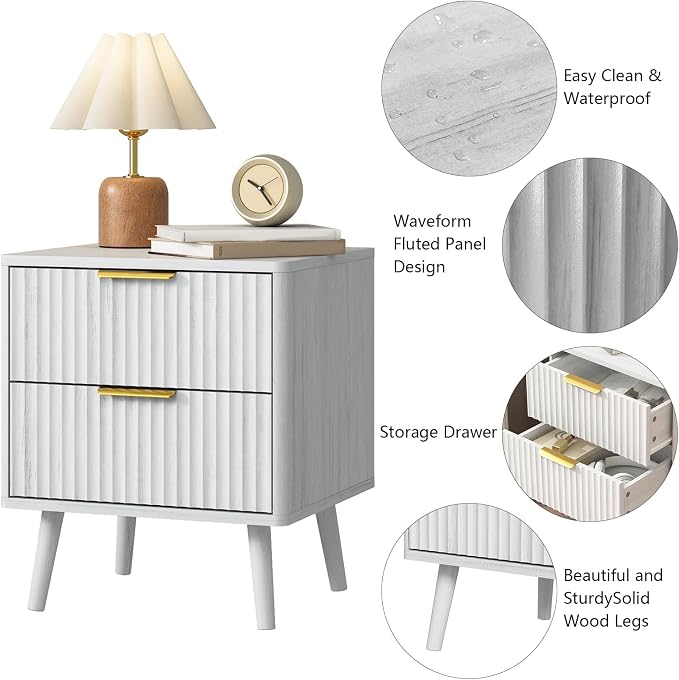 CARPETNAL Fluted Nightstand, Wood End Table Mid Century Night Stands - Image 3