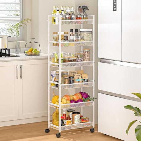 6 Tier Slim Rolling Storage Cart, Narrow Mobile Shelving Unit Organizer Utility by ThreeHio