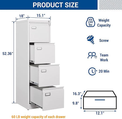 File Cabinets - 4 Drawers Vertical 17.8" Deep Lockable Filing Cabinet - White - Image 3