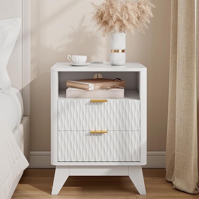 Fluted Nightstand with Charging Station, Bedside Table by COODAY