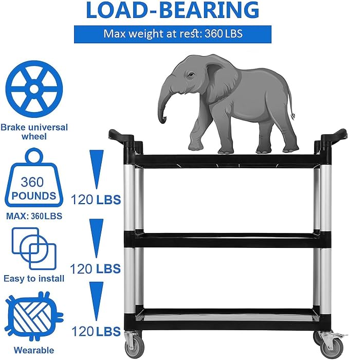 3-Shelf Service Cart，42" Wx20 Dx39 H，360 Lbs Heavy Duty Utility Cart ，Rolling - Image 5