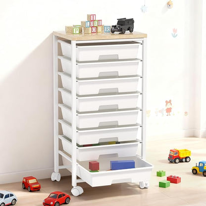 Rolling Cart with 8 Drawers, Storage Drawers Cart with Wooden Tabletop and - Image 8