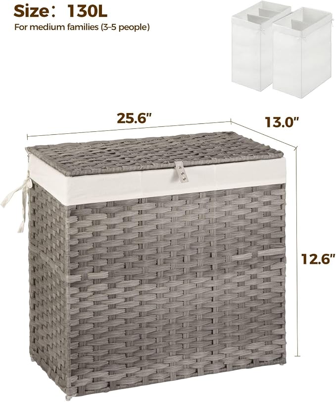 GREENSTELL Laundry Hamper with Wheels&Lid, 130L Large 3 Sections Clothes Hamper - Image 5