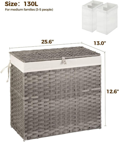 GREENSTELL Laundry Hamper with Wheels&Lid, 130L Large 3 Sections Clothes Hamper - Image 5