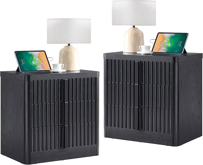 23.6" Nightstand Set of 2 with Charging Station, Side Table with 3 Storage by YANSNWO