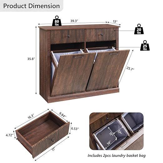 Modern Double Tilt-Out Trash Cabinet, 20 Gallon Fluted Laundry Hamper Cabinet - Image 2