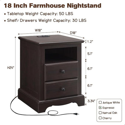 T4TREAM Nightstand with Charging Station, 18 Inch Vintage End Table with 2 - Image 2