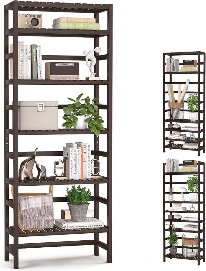 Homykic 6-Tier Bamboo Bookshelves and Bookcases, Adjustable 63.4”Tall Shallow by Homykic