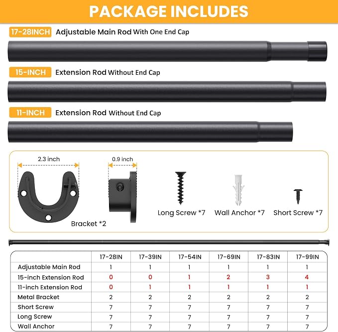 2 Pack Closet Rods for Hanging Clothes, 17-83 Inch No-Cut Stepless Adjustable - Image 4
