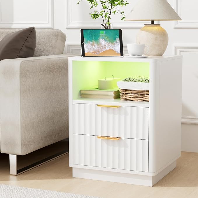 VOWNER Fluted Nightstand with Charging Station, 18” RGB Night Stand with 2 by VOWNER