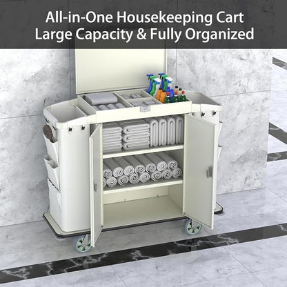 Heavy Duty Metal Housekeeping Janitorial Cart, Silent Casters, Locking Large - Image 4