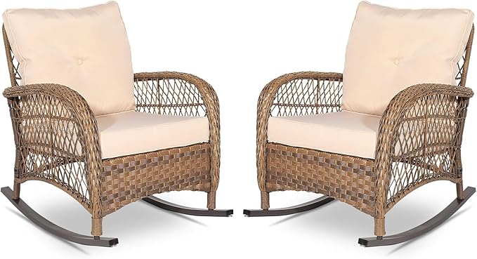 VIVIJASON 2 Piece Patio Wicker Rattan Rocker Chair, Outdoor Rattan Rocker Chair by VIVIJASON