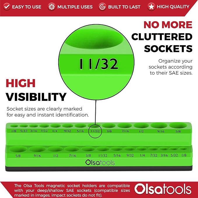 Olsa Tools Magnetic Socket Organizer | 1/4-inch Drive | SAE | Green | Holds 26 - Image 2