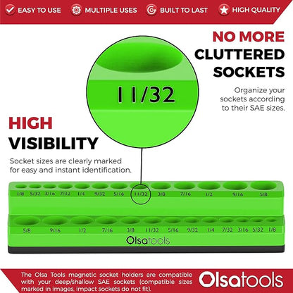 Olsa Tools Magnetic Socket Organizer | 1/4-inch Drive | SAE | Green | Holds 26 - Image 2