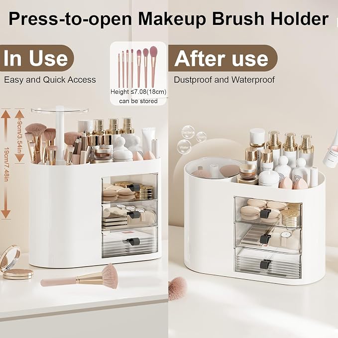DASITON Makeup Organizer with 3 Drawers, Automatic Lifting Makeup Brush Holder - Image 4