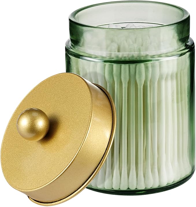 Amolliar Sage Green Glass Apothecary Jar, Qtip Holder Metal Lid & Stickers by Amolliar