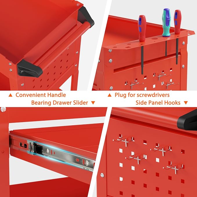 3 Tier Rolling Tool Cart with Drawers, Heavy Duty Utility Cart on Wheels - Image 6