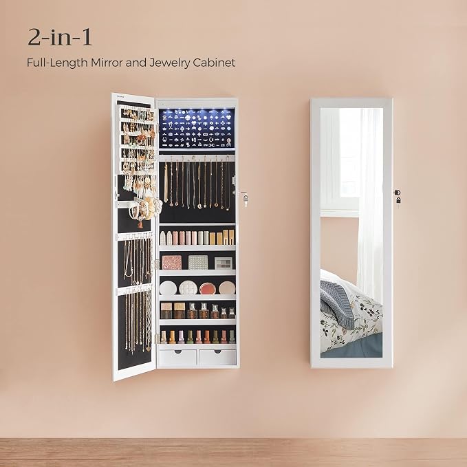 SONGMICS 6 LEDs Mirror Jewelry Cabinet, 47.2-Inch Tall Lockable Wall or Door - Image 3