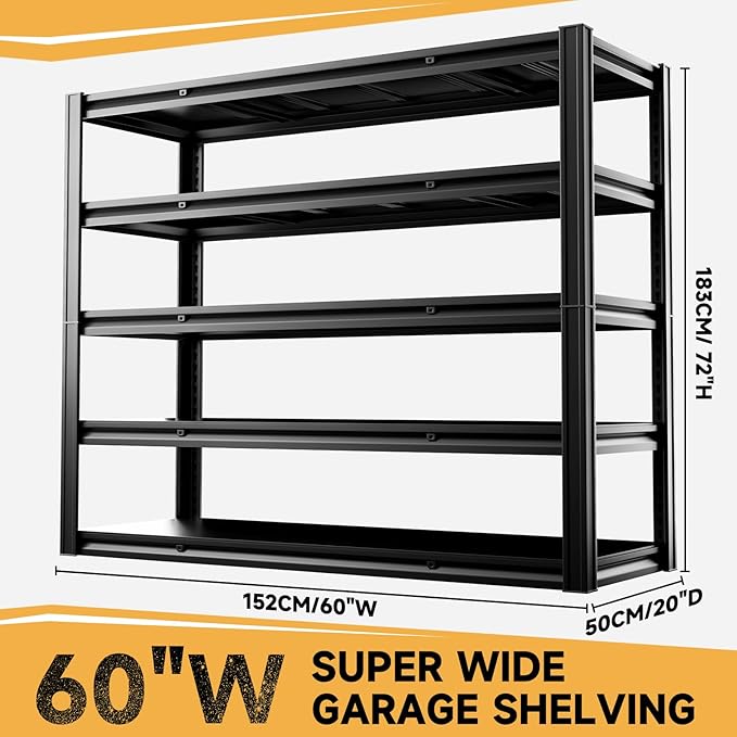 5-Tier 60" W x 20" D x 72" H Garage Shelving Metal Storage Rack 3000LBS Garage - Image 3
