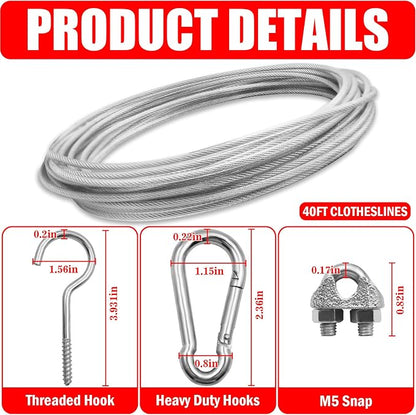 40ft Clothes Line Outdoors 3/16" Wire Ropes Silver PVC Coating Laundry Drying - Image 3