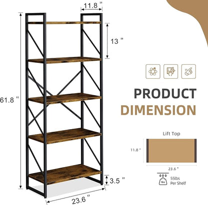 Vongrasig 5 Tier Bookshelf, Modern Tall Bookcase, Industrial Book Shelves - Image 2