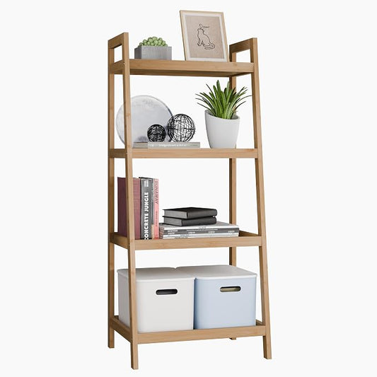 SMIBUY Bamboo Ladder Bookcase, Bathroom Storage Rack Organizer, 4 Tier and 5 by SMIBUY