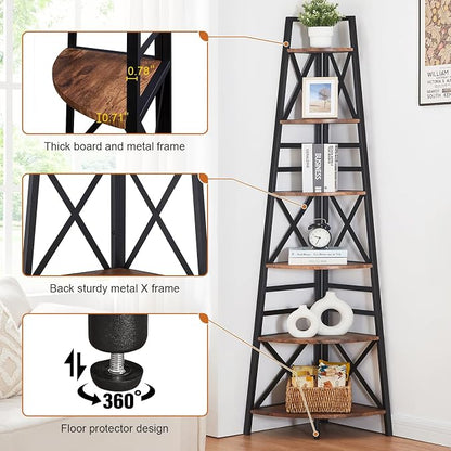 HOMBAZAAR 6 Tier Corner Shelf, 72 Inch Industrial Corner Bookshelf, Tall Ladder - Image 5