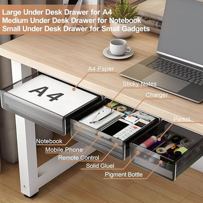 Under Desk Table Drawer Storage Organizer, 3 Pack Large & Medium & Small Slide - Image 3