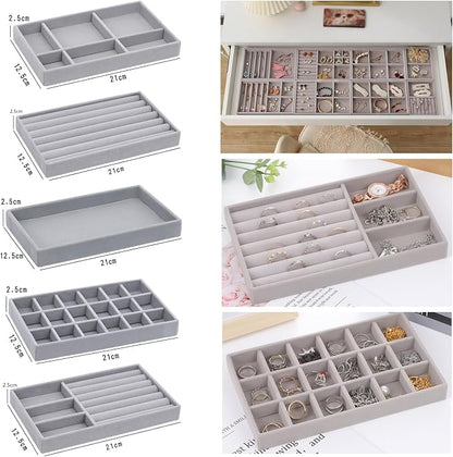 10 Pack Jewelry Organizer Tray Drawer Inserts Stackable Velvet Liner Dividers - Image 6