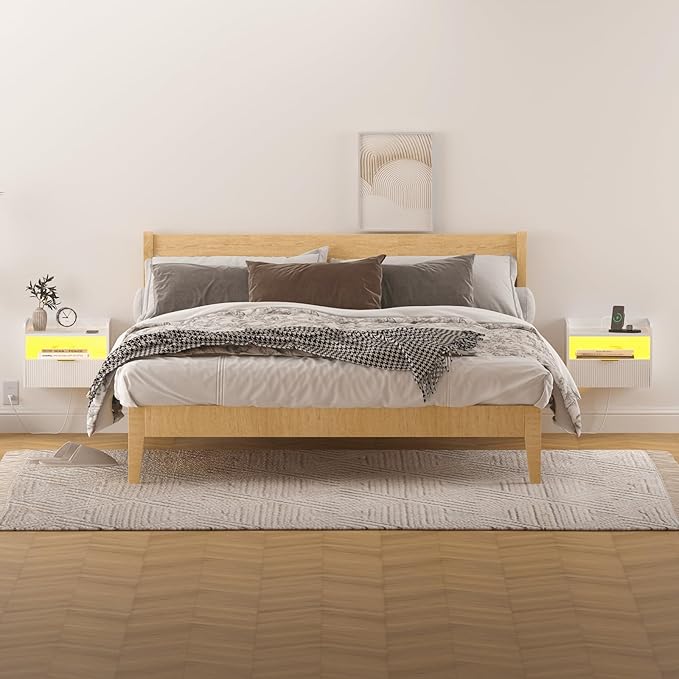 White Floating Nightstand with Charging Station and LED Lights - Image 3