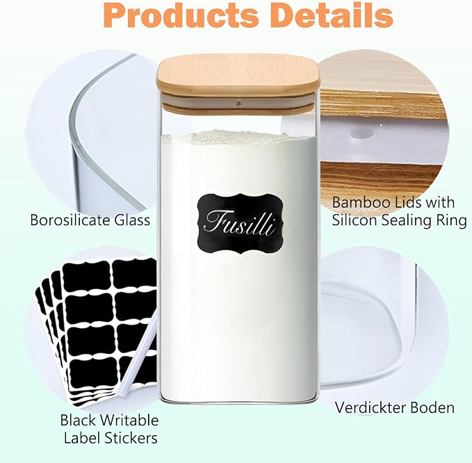 Food Storage Containers with Airtight Bamboo Lids Set of 5, Glass Canisters - Image 4