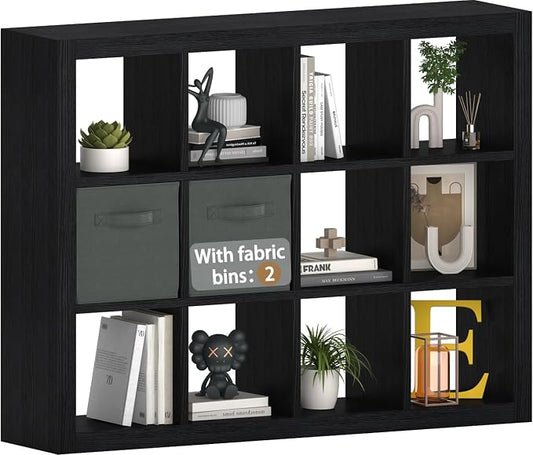 furtble Bookshelf with Storage Bin, 12-Cube Storage Organizer, Modern Wood Open by furtble