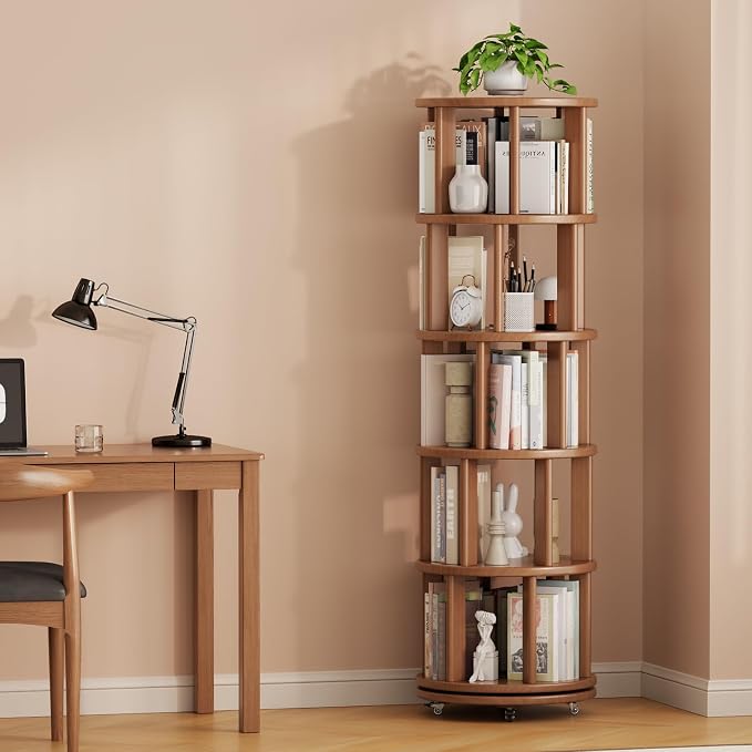 Solid Wood Rotating Bookshelf on Wheels, 5 Tier, Round Revolving Bookcase - Image 9